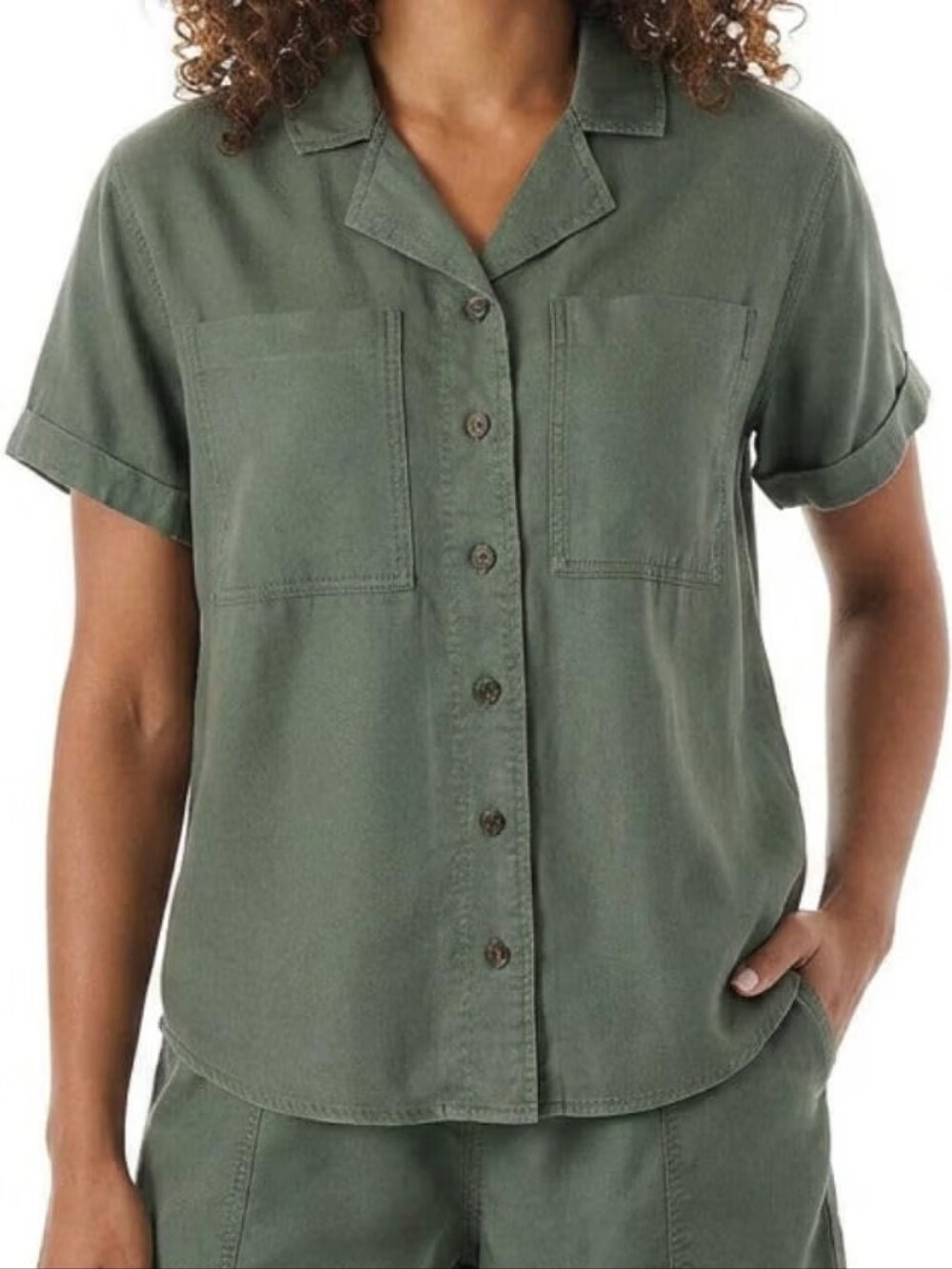 Women’s XL Tencel Camp Short-Sleeve Button-Down Shirt in Olive